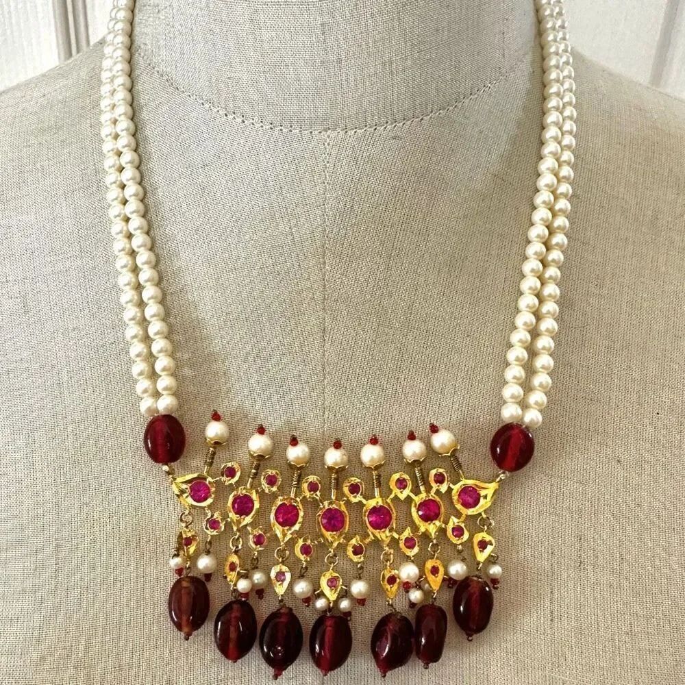Tanmani  faux pearl and red beaded Necklace